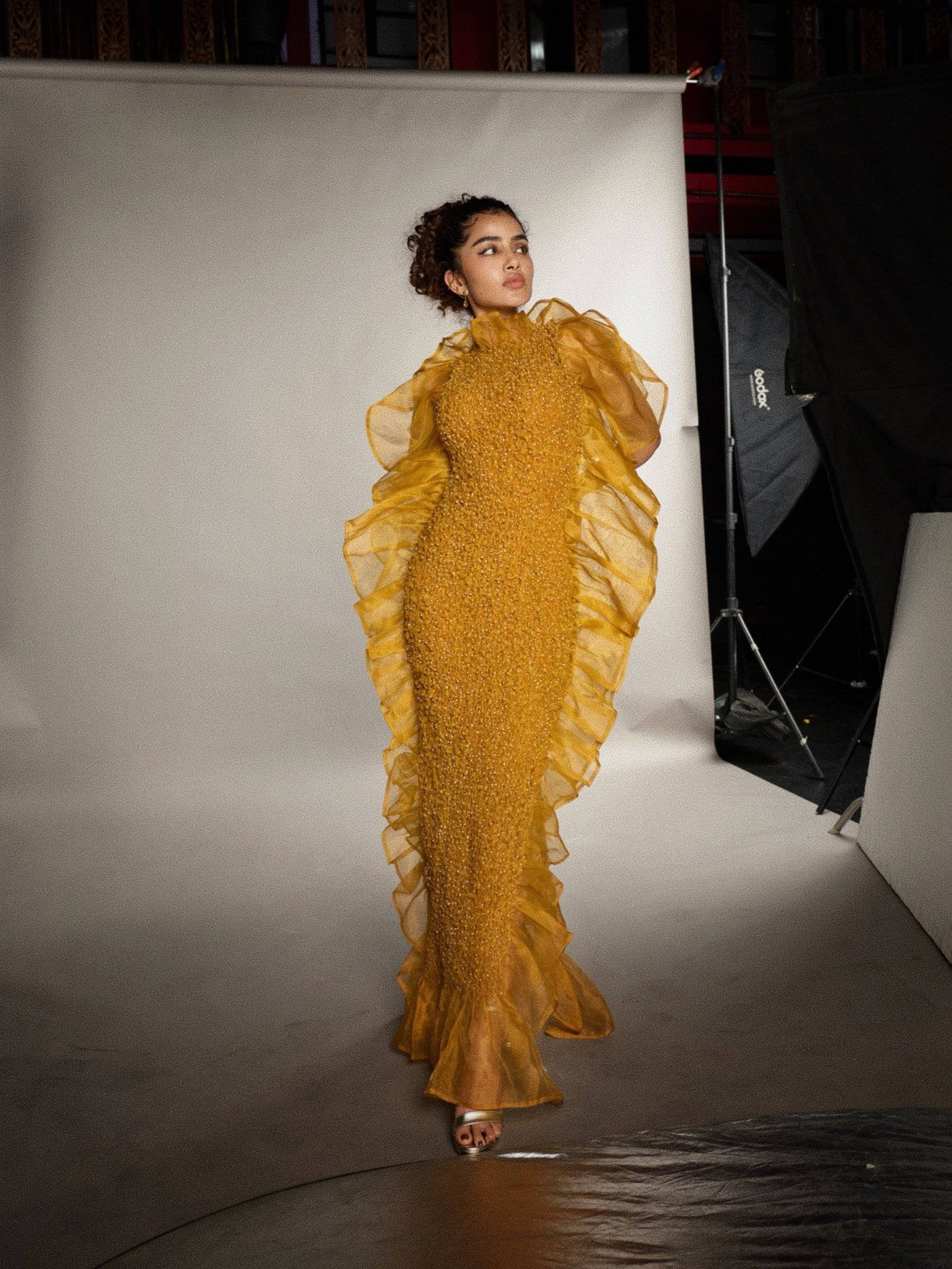 Mustard Gold Gown: Anupama Parameswaran's Dramatic Silhouette
