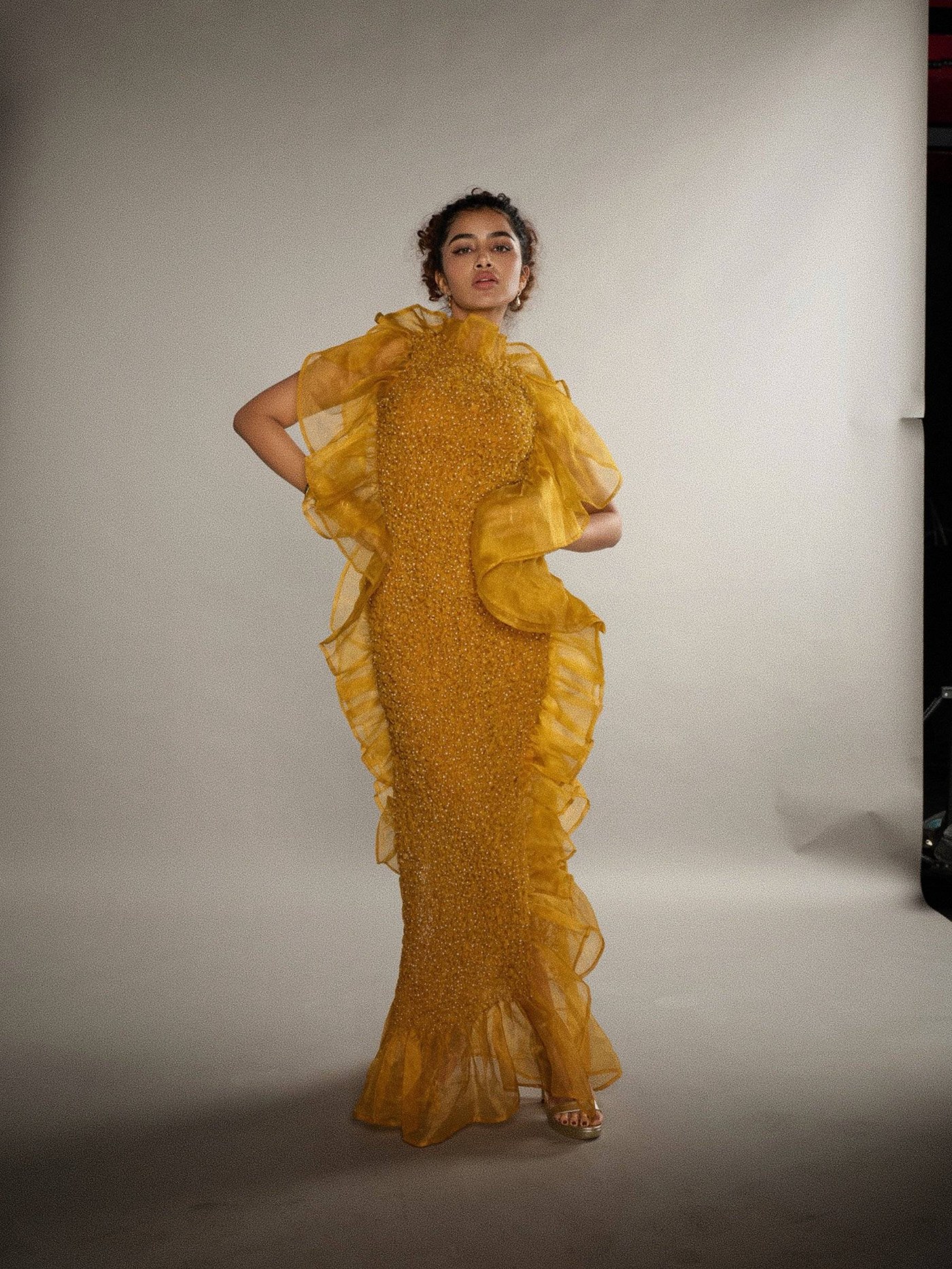 Mustard Gold Gown: Anupama Parameswaran's Dramatic Silhouette