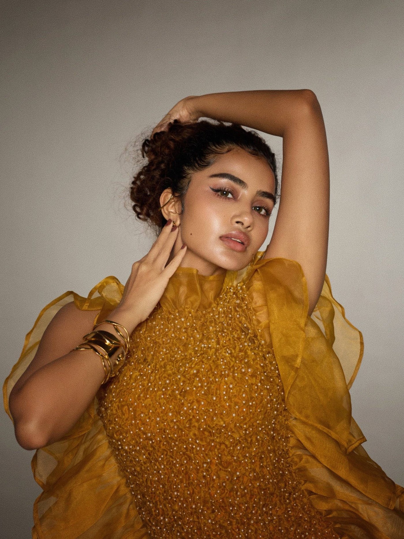 Mustard Gold Gown: Anupama Parameswaran's Dramatic Silhouette
