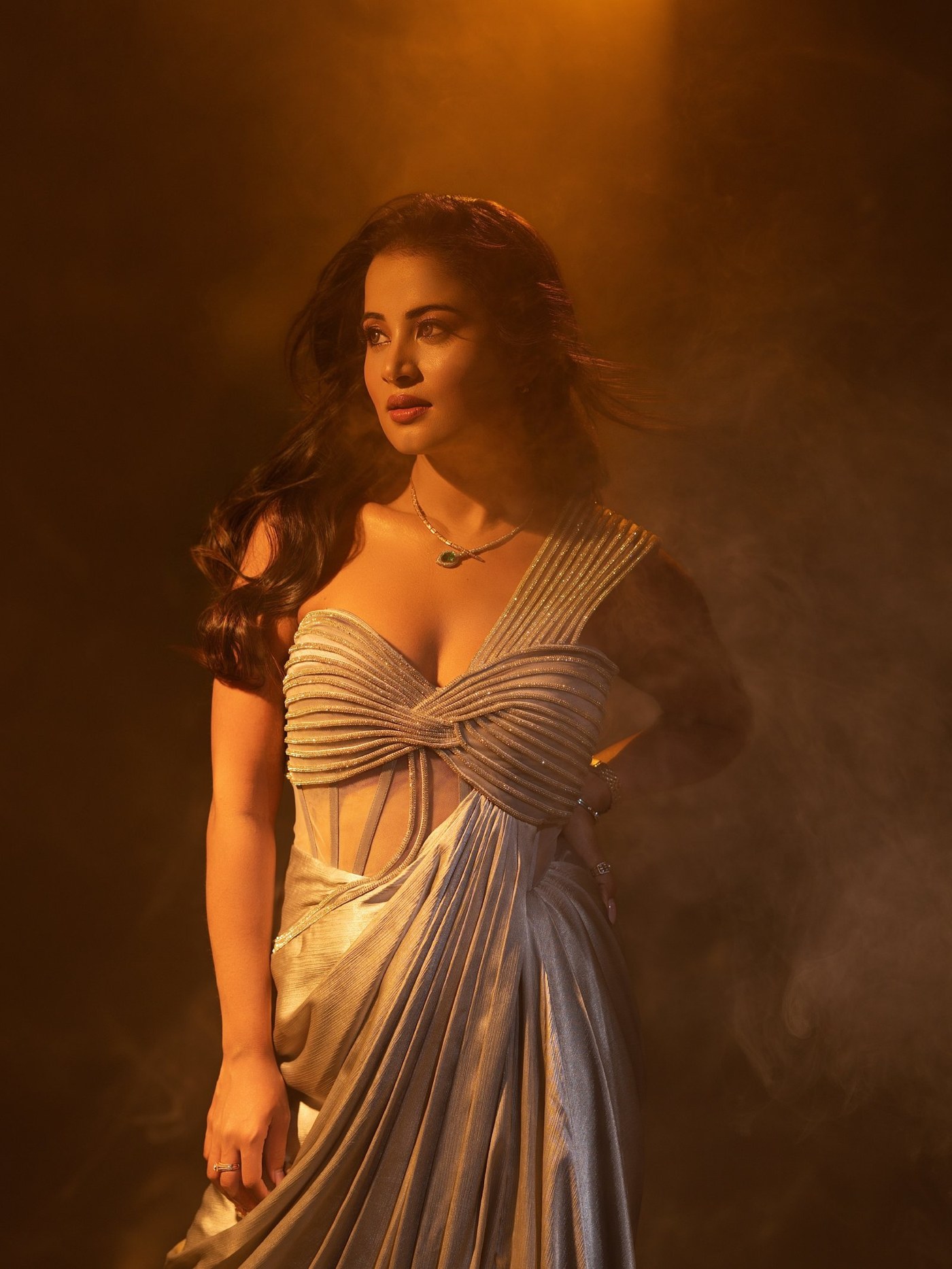 Anusha Rai showcases a stunning metallic ensemble that flawlessly blends tradition with modern fashion sensibility.