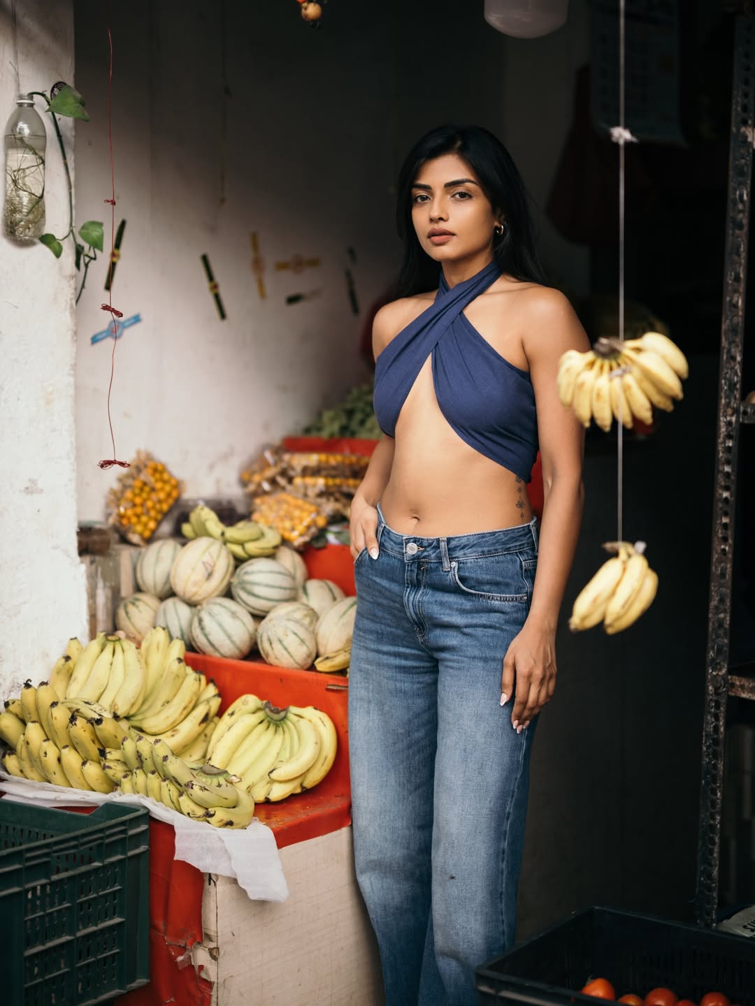 Ashna Zaveri standing in a doorway framed by rustic wooden structures, wearing a blue knotted top and high-waisted jeans among produce.