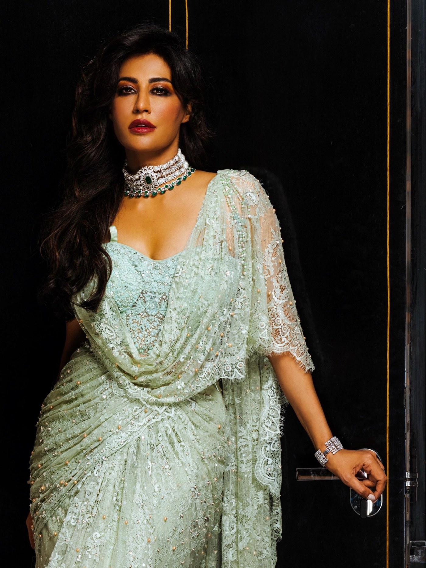 Chitrangda Singh shines in a pastel green saree, pairing it with dramatic jewelry and a smoky eye look. - Photos & Updates