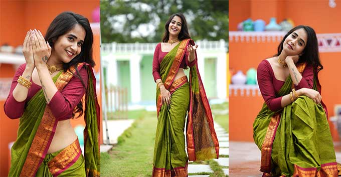 Deepthi Sunaina Stunning Green Saree Photos
