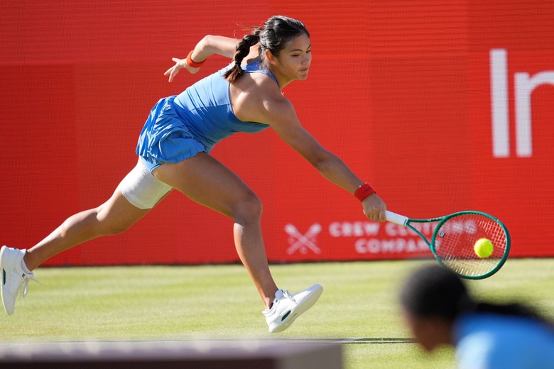 Emma Raducanu shown speaking at a press conference following a successful semifinal victory in London.