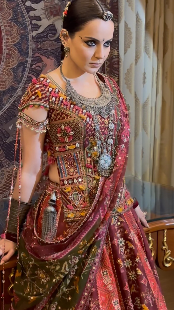 Kangana Ranaut showcases ornate, folk-inspired ensemble for Navratri celebrations.
