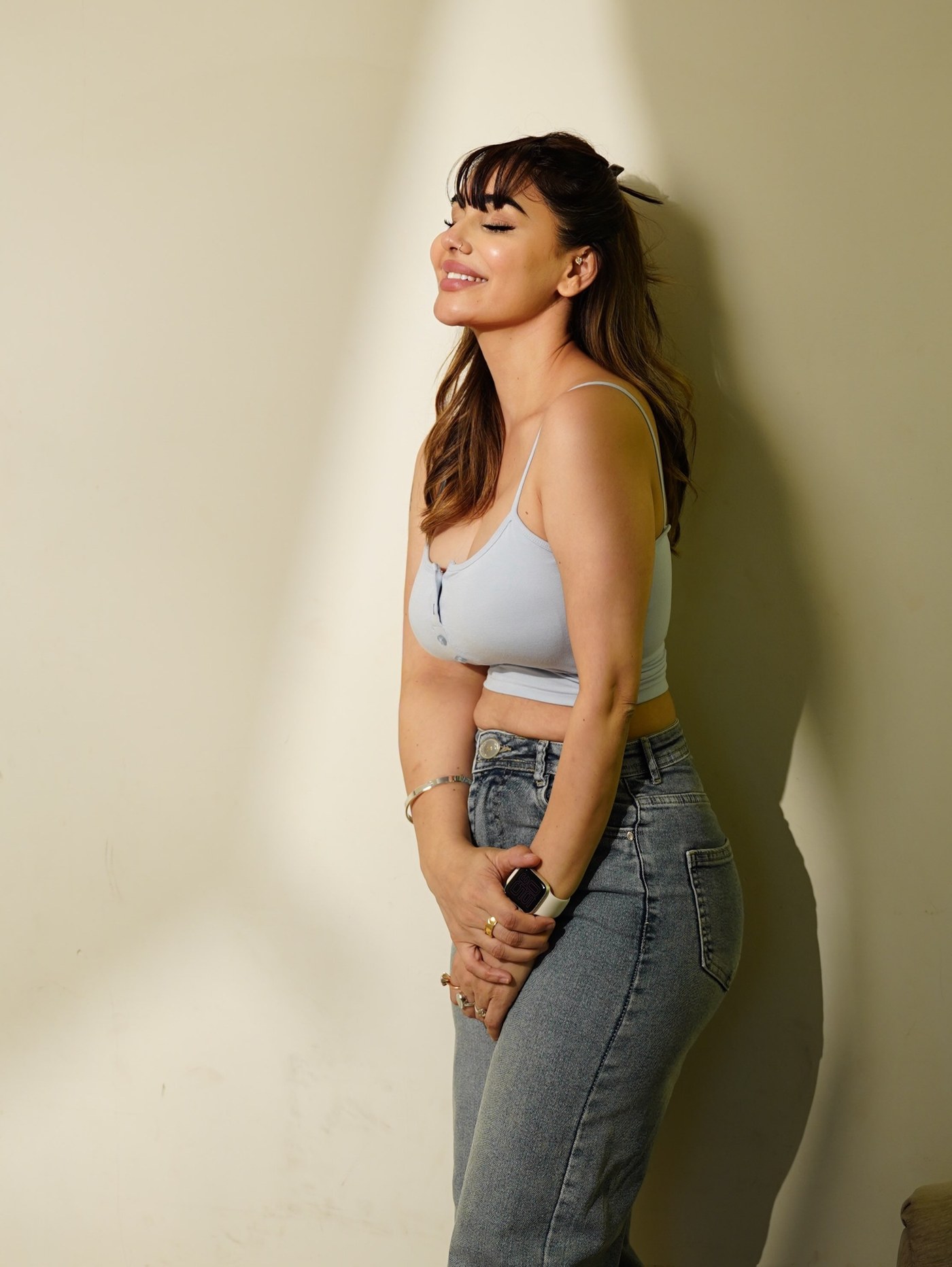 Kangna Sharma in a pale blue fitted top and classic denim. - Photos & Updates