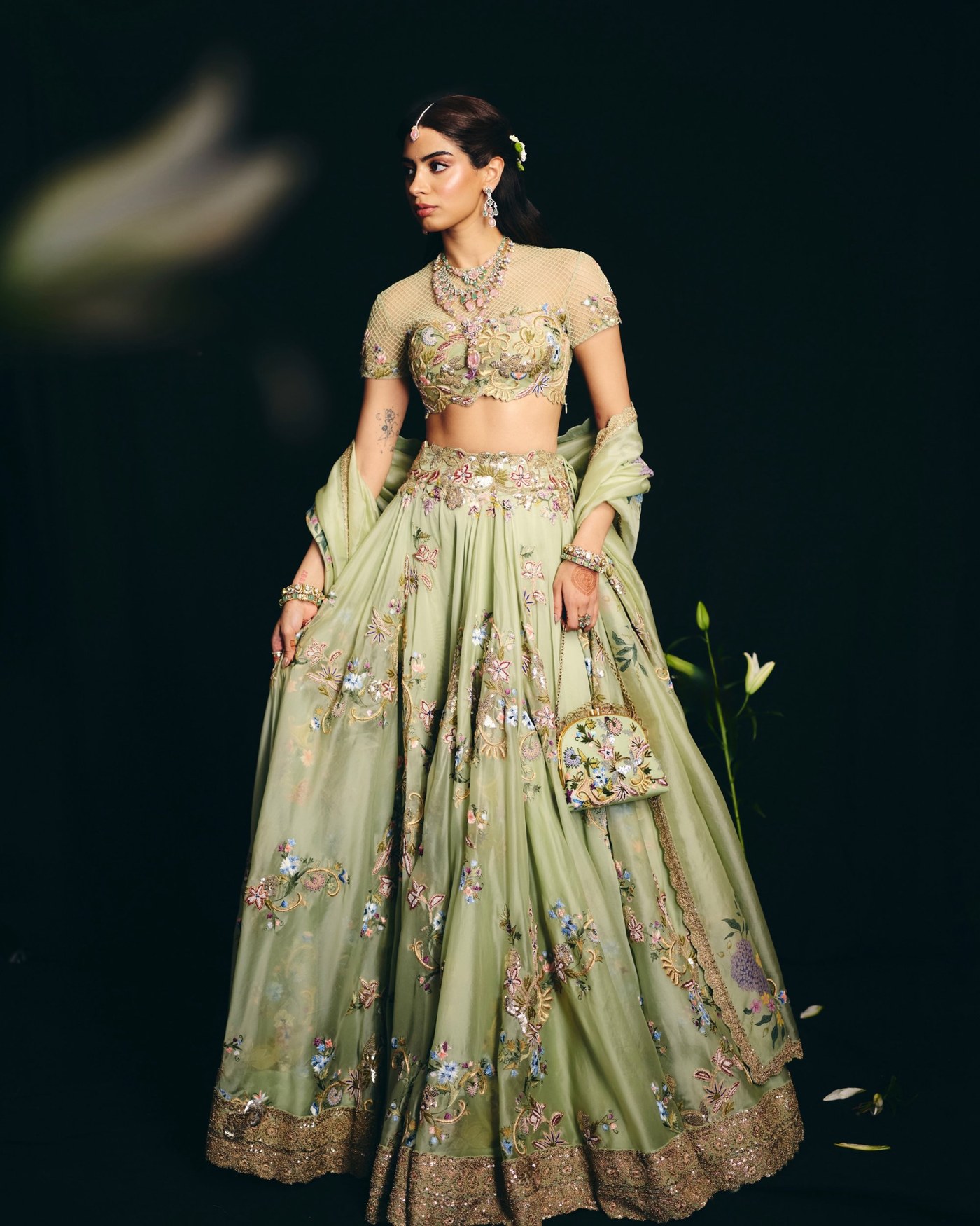 Khushi Kapoor Turns Heads in Dreamy Pastel Green Lehenga at Wedding!