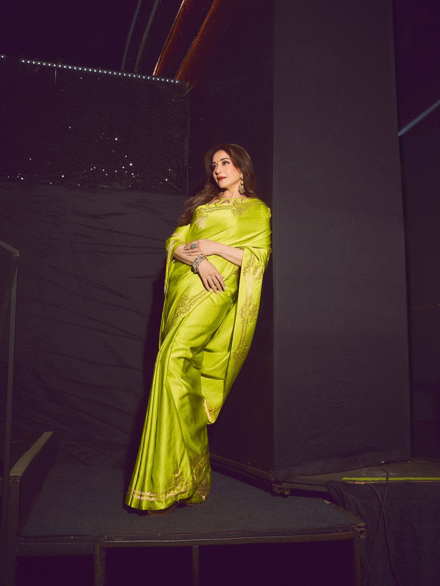 Lime Green Saree: Madhuri's Bold Modern Ethnic Statement
