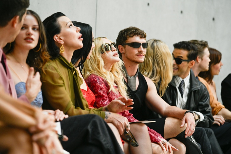 Madonna attends the Saint Laurent fashion show during Paris Men's Spring Summer 2027 Week, making an entrance.