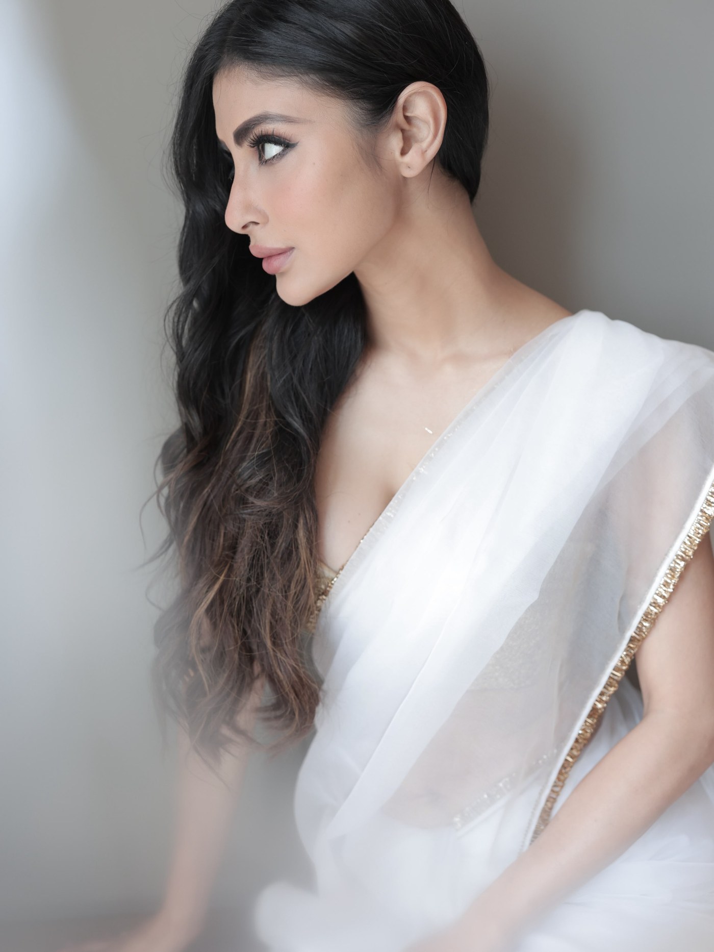 Mouni Roy in Sheer White and Gold Saree Drape