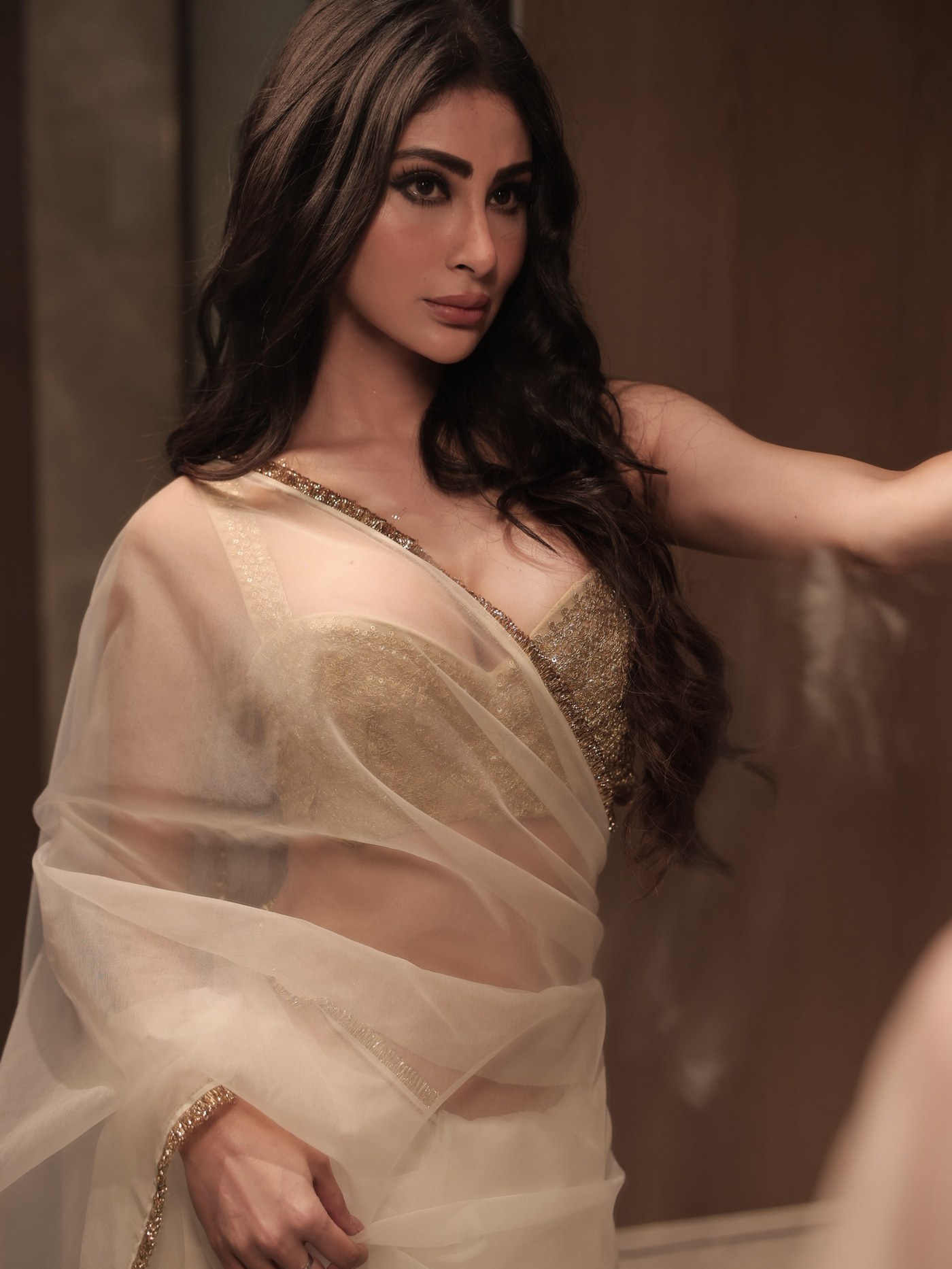 Mouni Roy in Sheer White and Gold Saree Drape