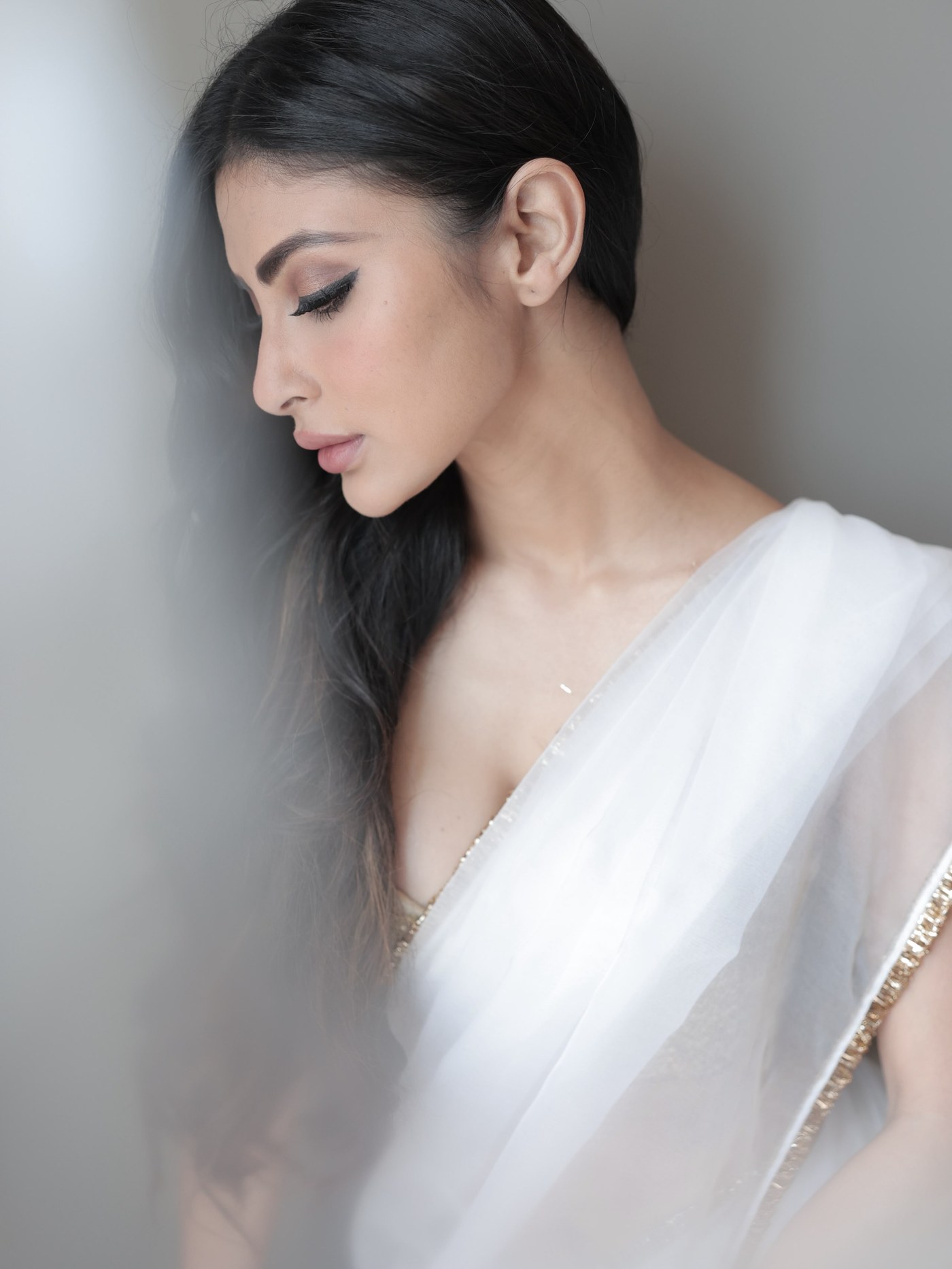 Mouni Roy in Sheer White and Gold Saree Drape