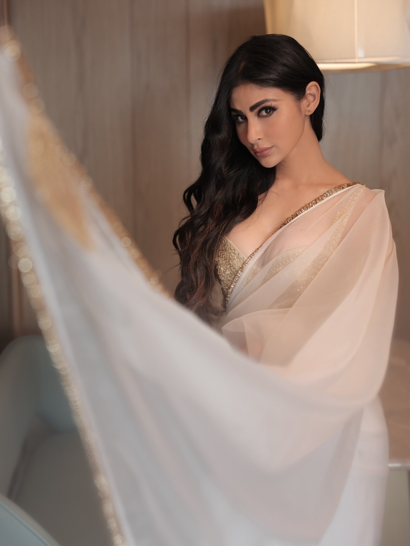 Mouni Roy in Sheer White and Gold Saree Drape