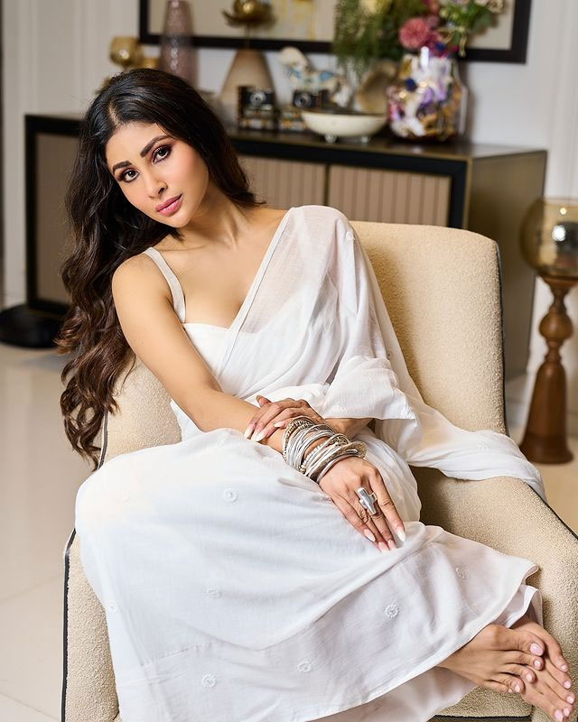 Mouni Roy in Sheer White and Gold Saree Drape