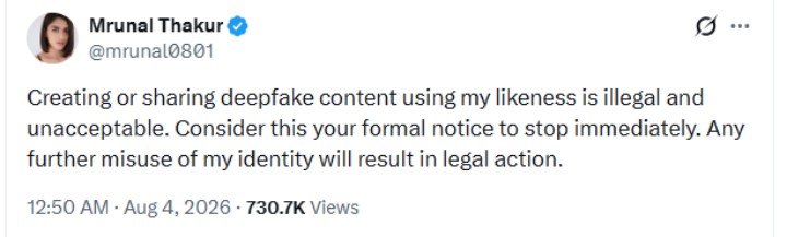 Mrunal Thakur Takes a Stand on Digital Rights and Deepfakes