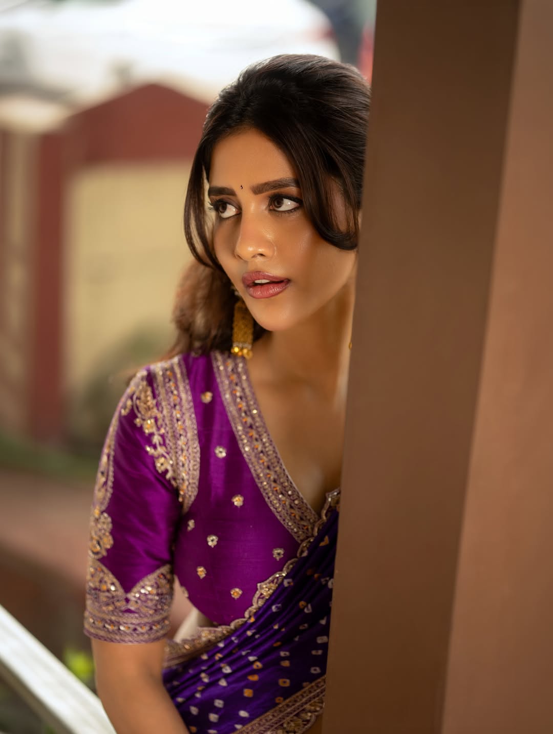 Nabha Natesh wears a beautiful purple saree showcasing regal elegance and traditional charm.