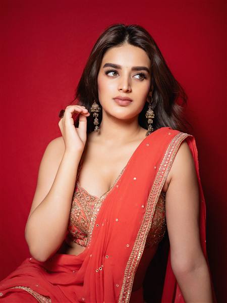 Nidhi Agarwal poses elegantly against a rich deep red background, draped in vibrant traditional Indian attire.