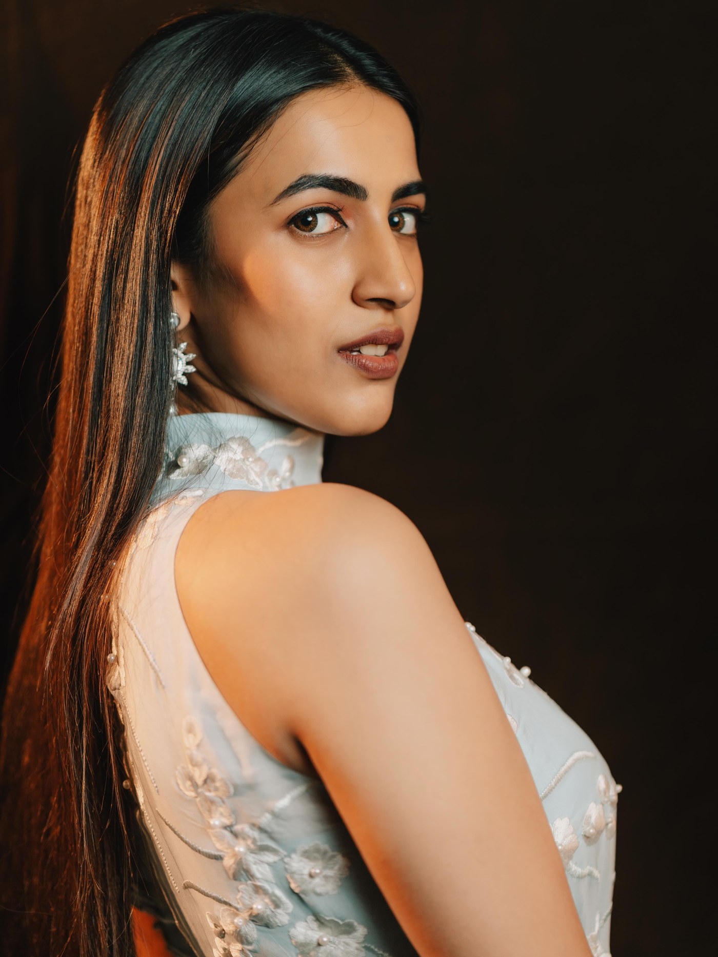 Niharika Konidela radiates timeless elegance in a delicate, flowing pastel blue embroidered outfit.