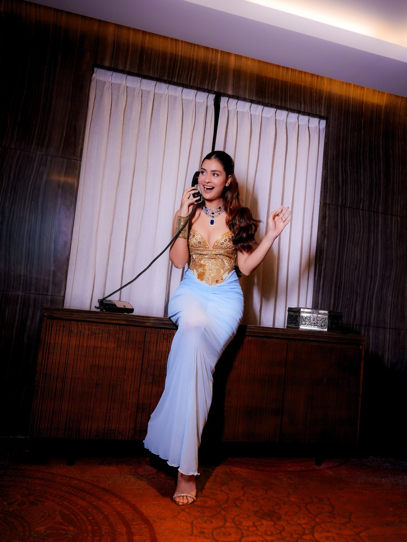 Payal Rajput Masters the Art of Structured Drape in Gold and Blue