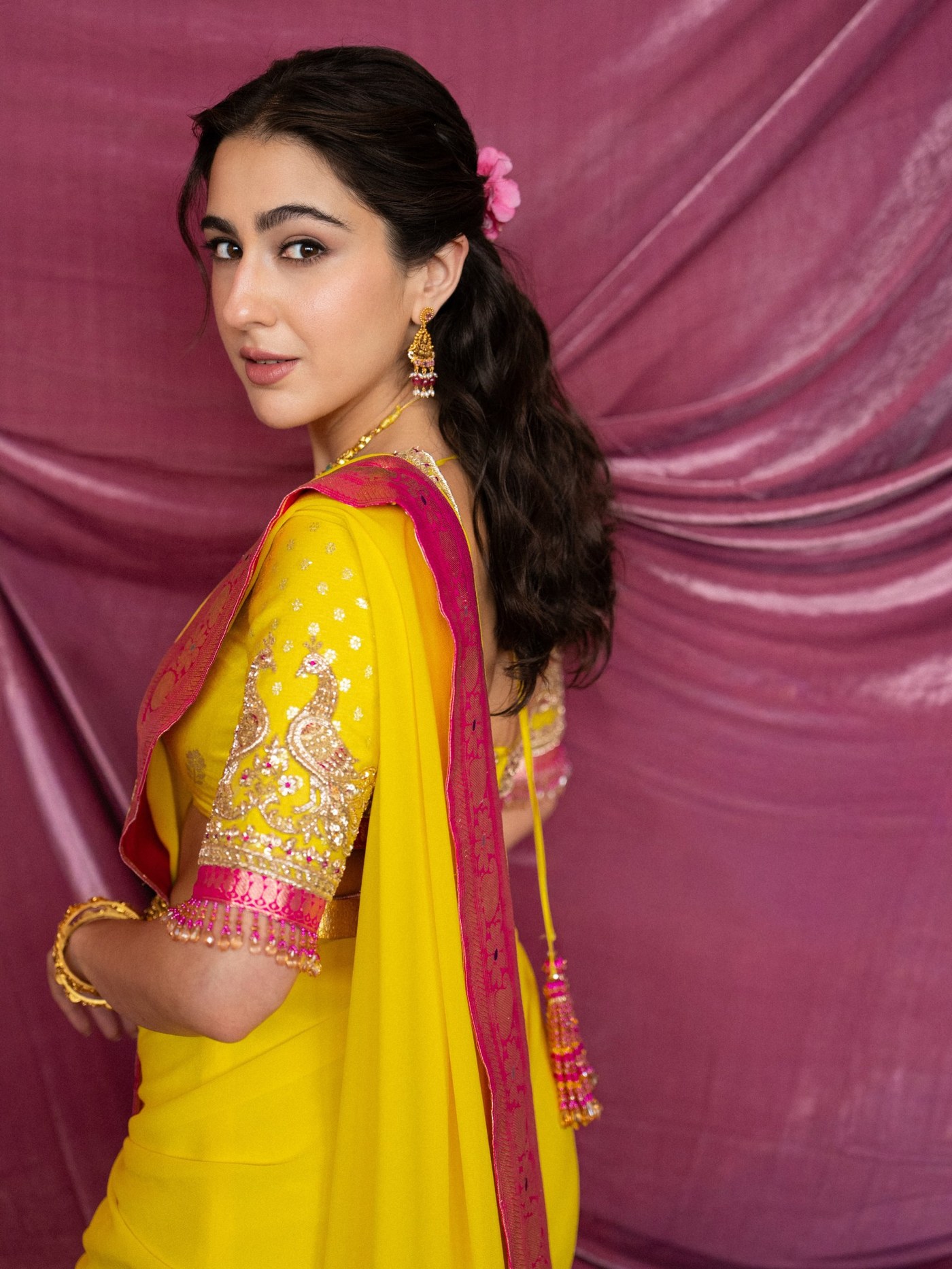 Yellow and Pink Sari: Sara Ali Khan’s Festive Textile Play