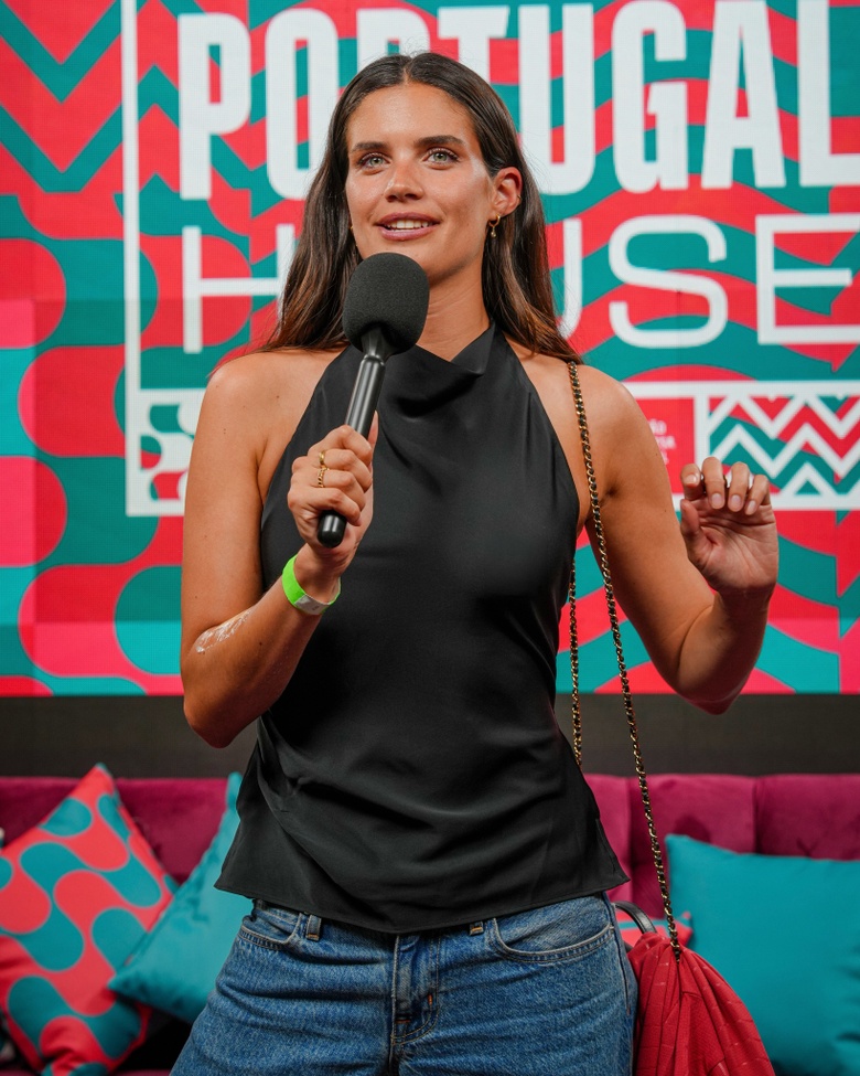Sara Sampaio is photographed cheering enthusiastically for Portugal at a 2026 World Cup event in Brooklyn.