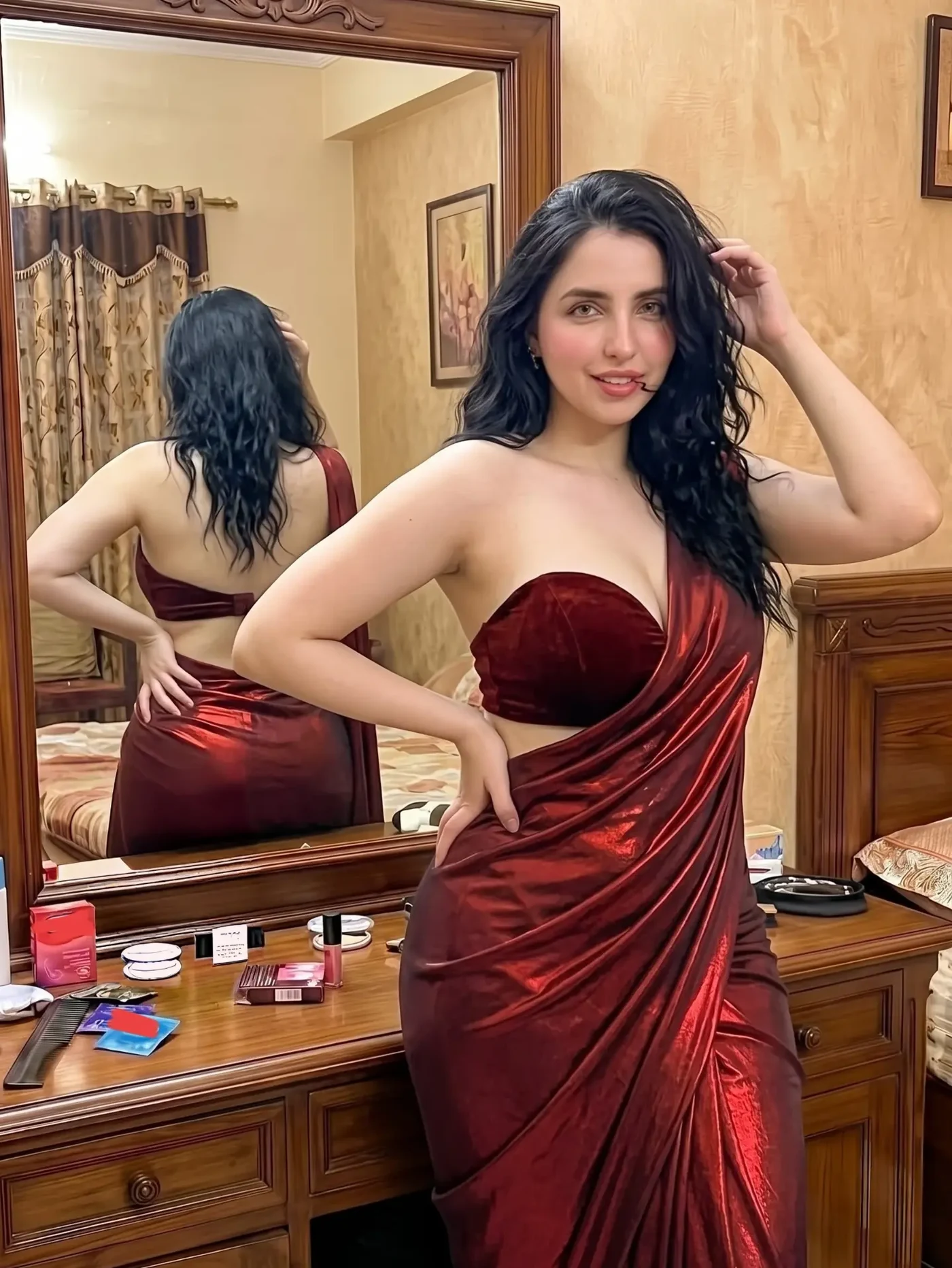 Sassy Maaya Drapes Drama in Deep Crimson Evening Wear