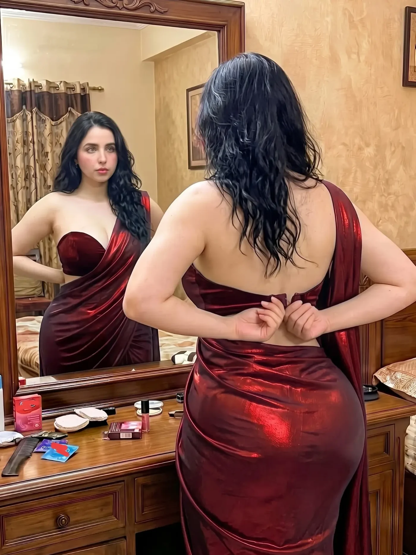 Sassy Maaya Drapes Drama in Deep Crimson Evening Wear