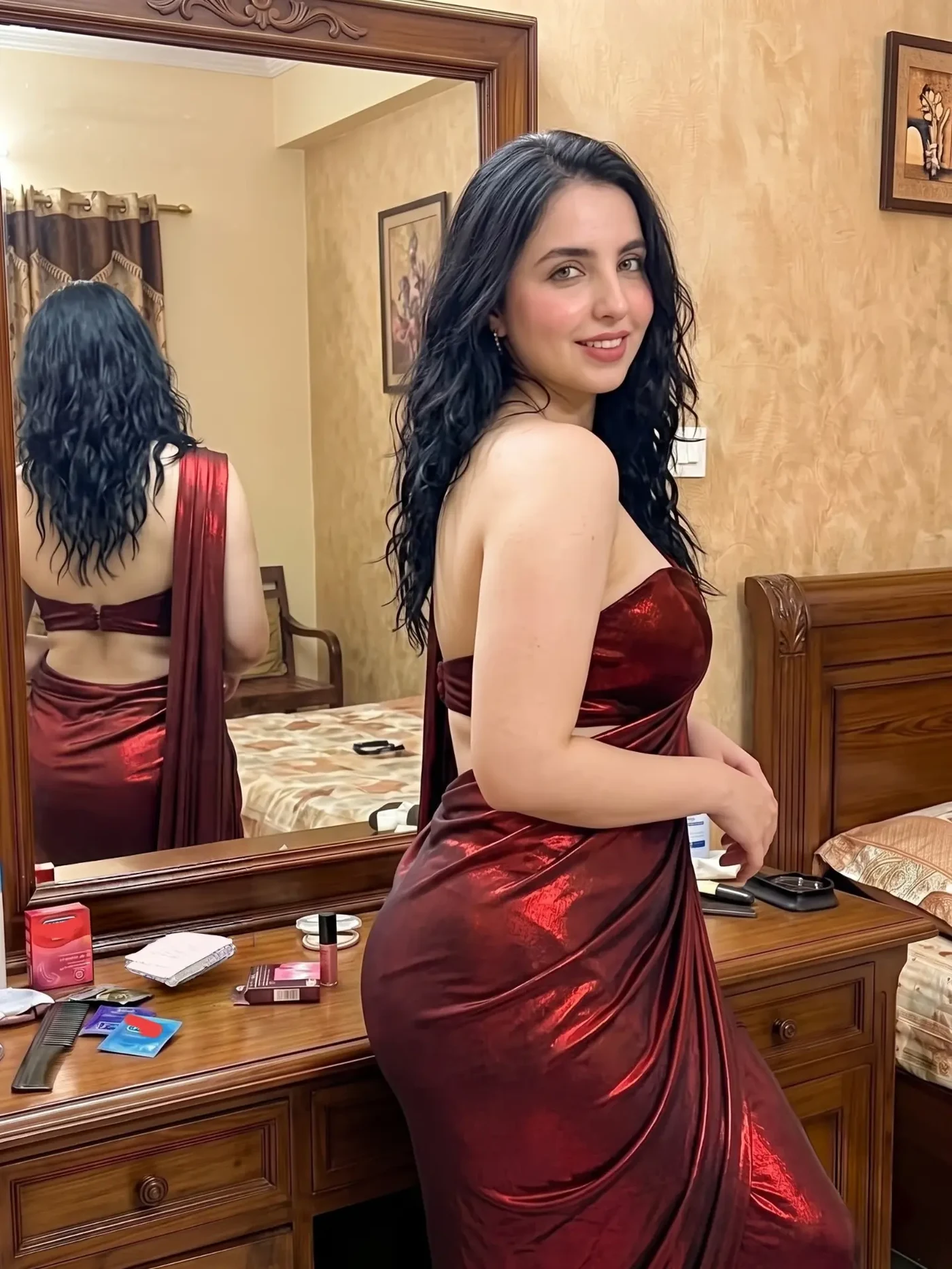 Sassy Maaya Drapes Drama in Deep Crimson Evening Wear