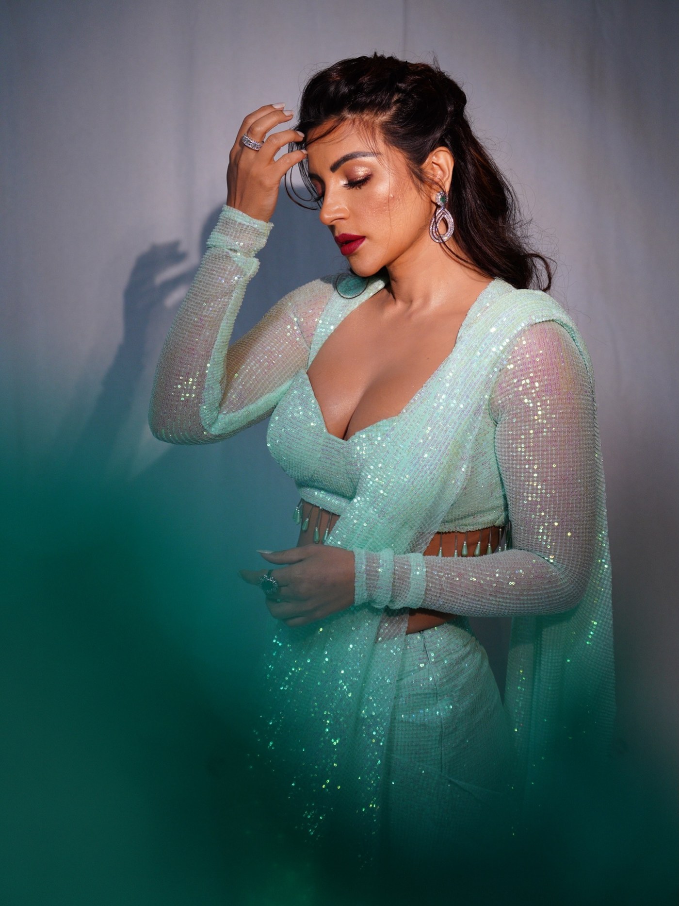 Seafoam Mint Sparkle: Shama Sikander's Saree Statement