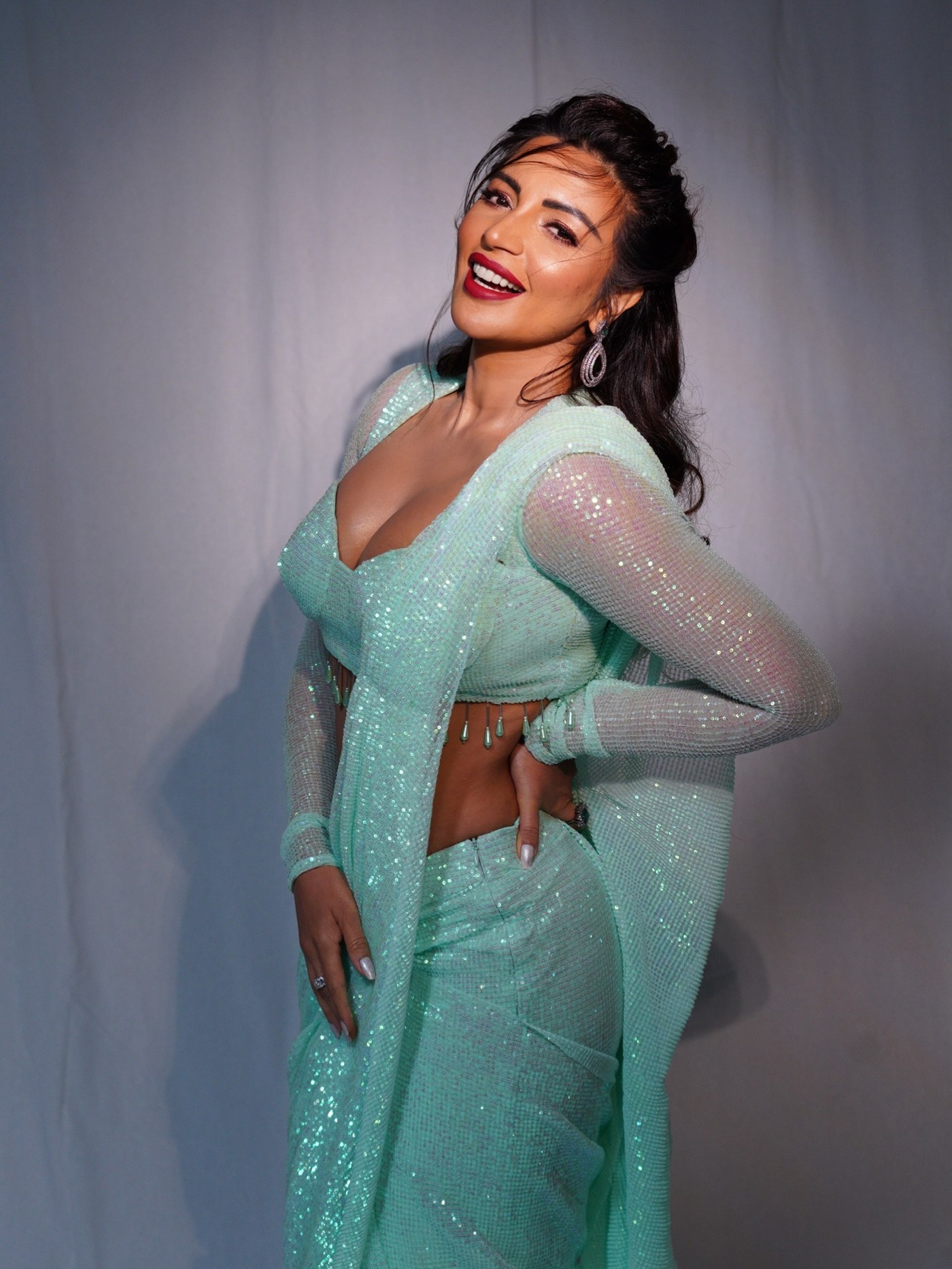 Seafoam Mint Sparkle: Shama Sikander's Saree Statement