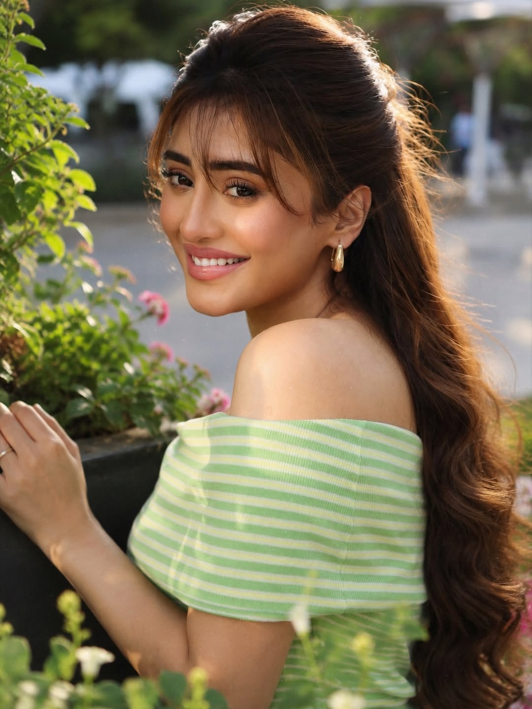 Shivangi Joshi in a light green and white striped outfit leaning against a tree with flowing dark hair.
