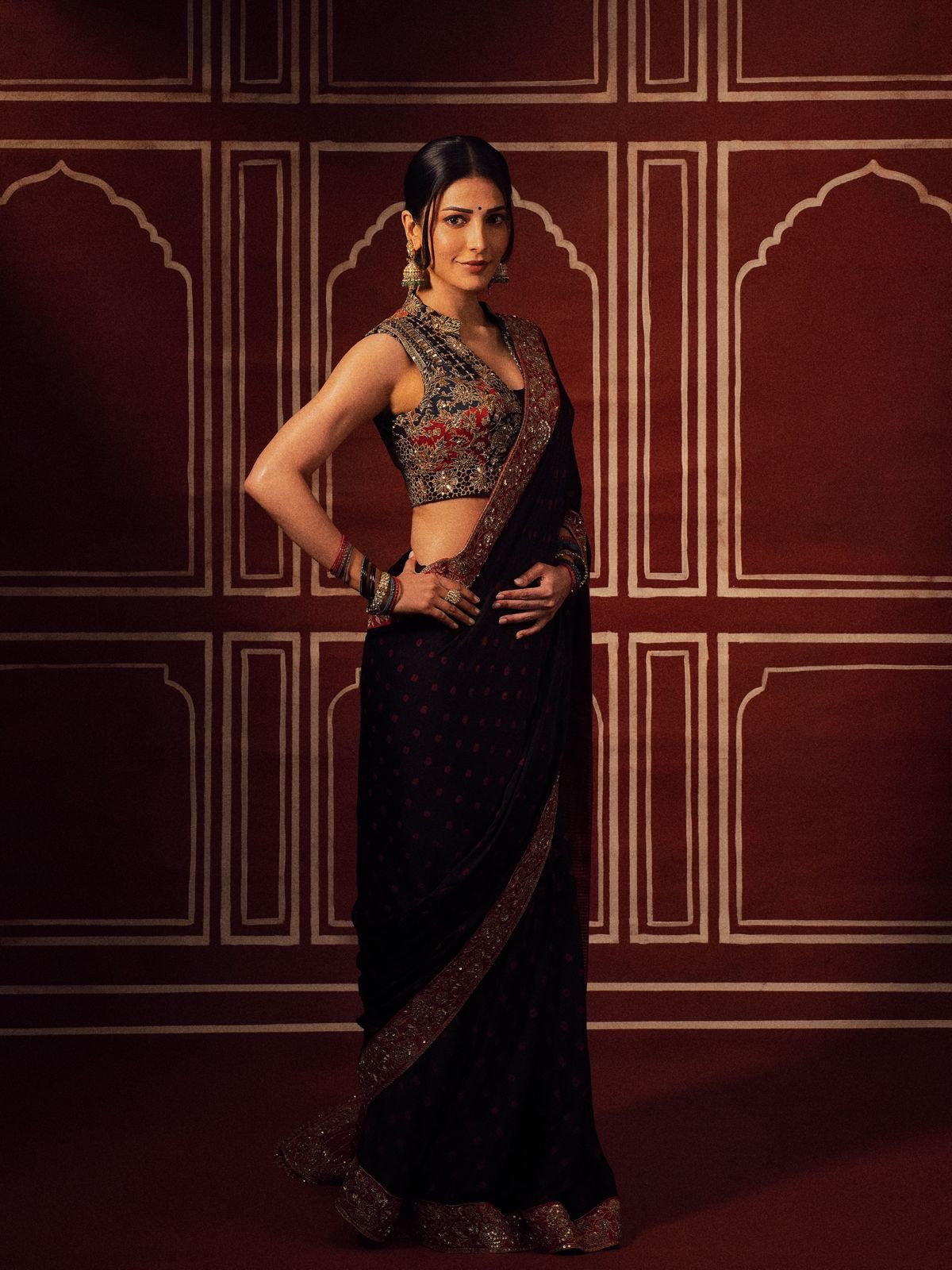 Black and Crimson: Shruti Haasan's Detailed Ethnic Styling