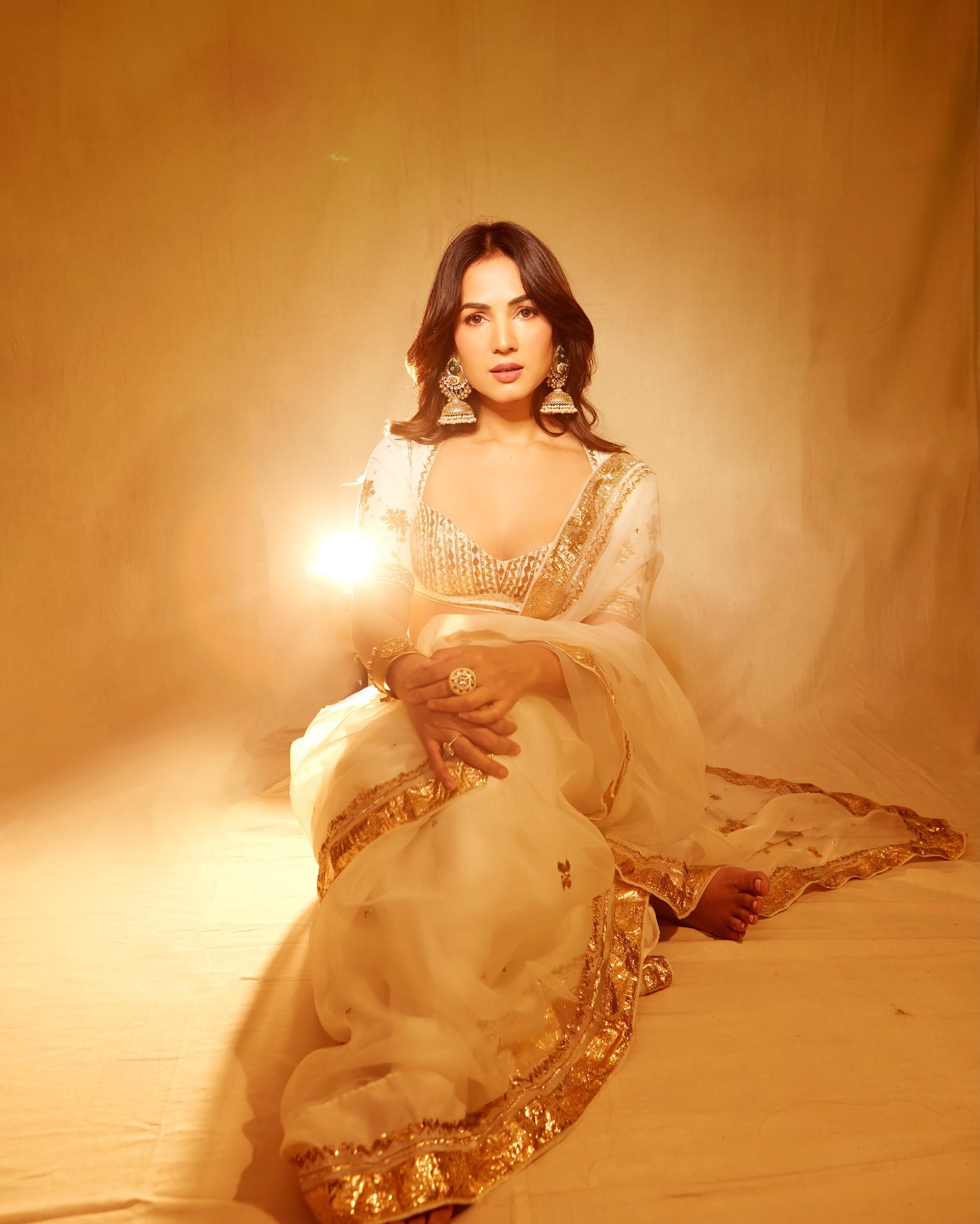 Sonal Chauhan Radiates Grace in Cream and Gold Indian Couture