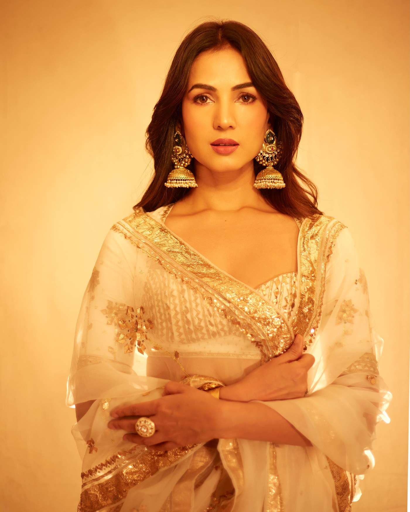 Sonal Chauhan Radiates Grace in Cream and Gold Indian Couture