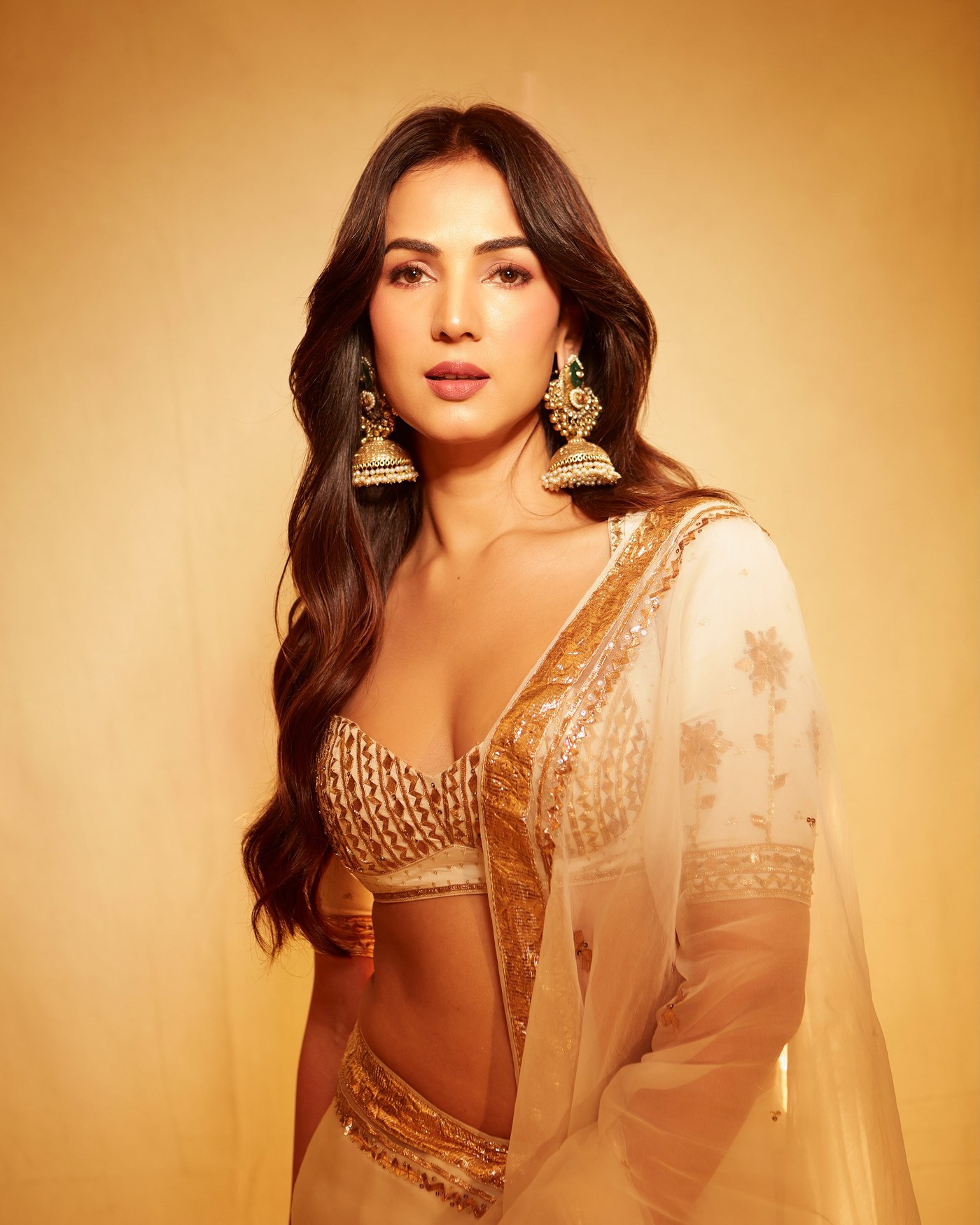 Sonal Chauhan Radiates Grace in Cream and Gold Indian Couture
