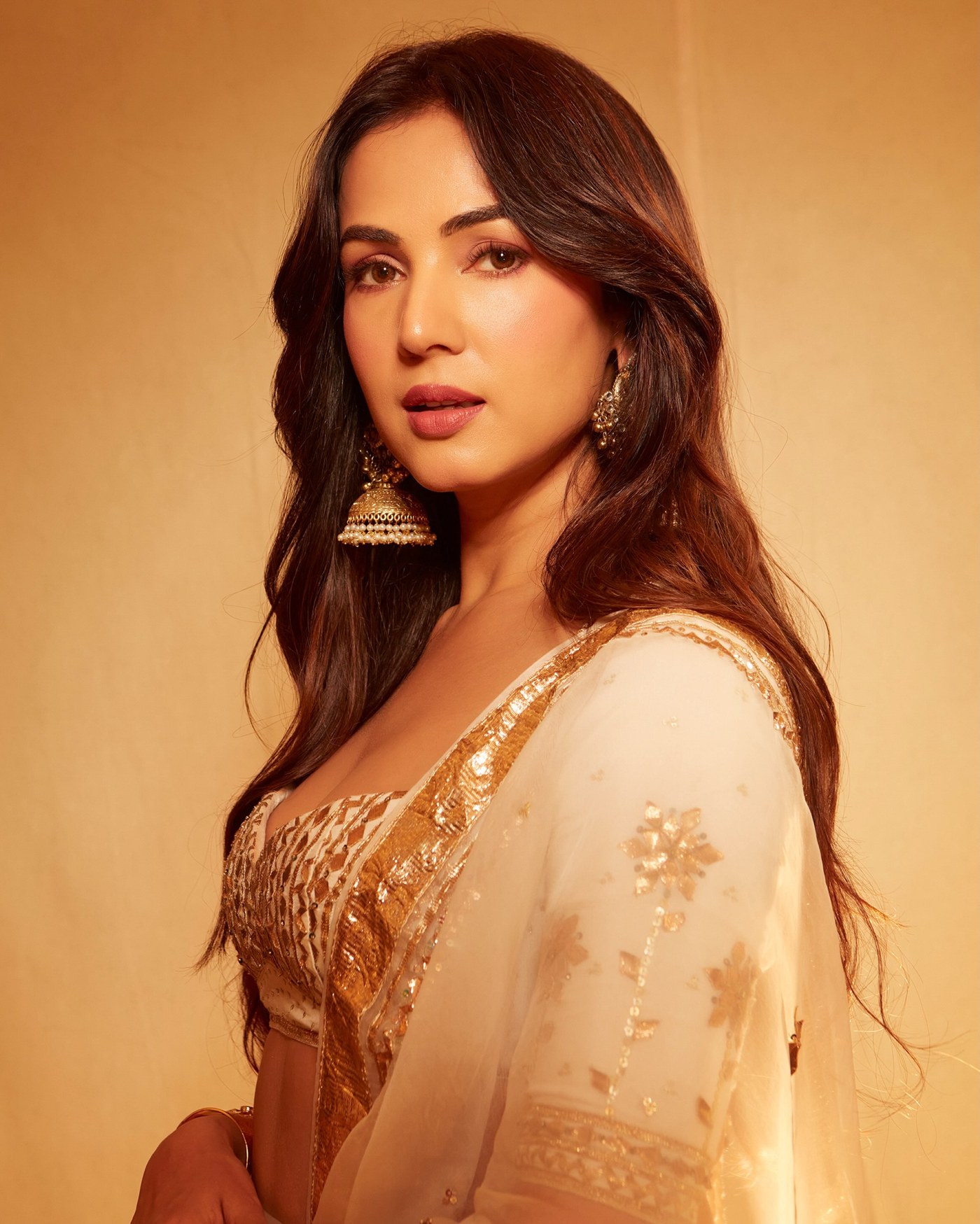 Sonal Chauhan Radiates Grace in Cream and Gold Indian Couture