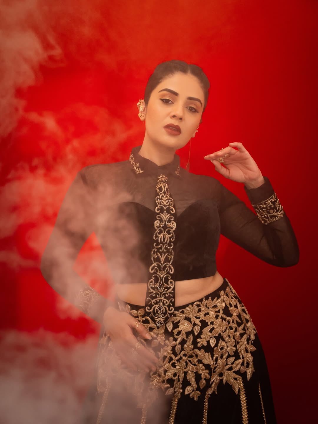 Sreemukhi stands against a vibrant red background wearing a black and gold ensemble with elaborate embroidery.