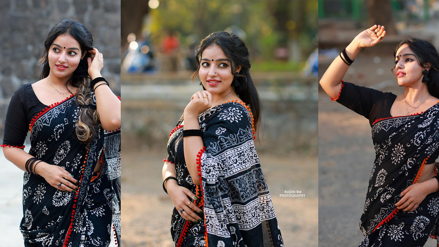Stunning Malavika Menon in Black Saree Photos Fashion Gallery