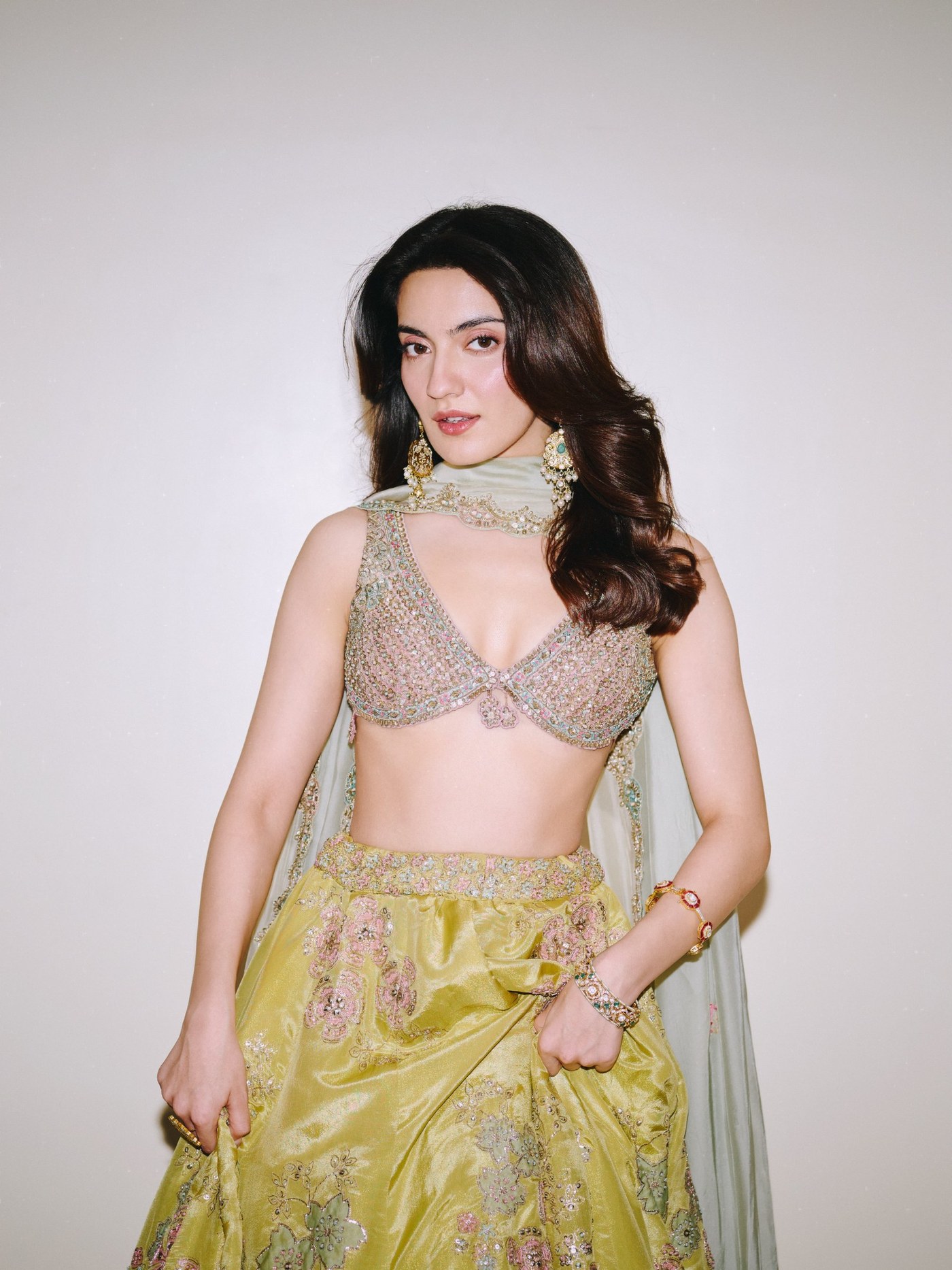 Pratibha Ranta wears a sunshine-yellow lehenga accented with pastel embroidery and mint dupatta. - Photos & Updates