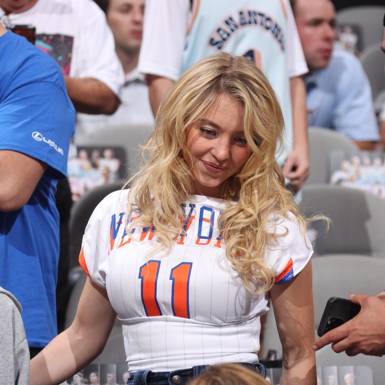Sydney Sweeney attends Game 5 of the 2026 NBA Finals at Frost Bank Center in San Antonio.