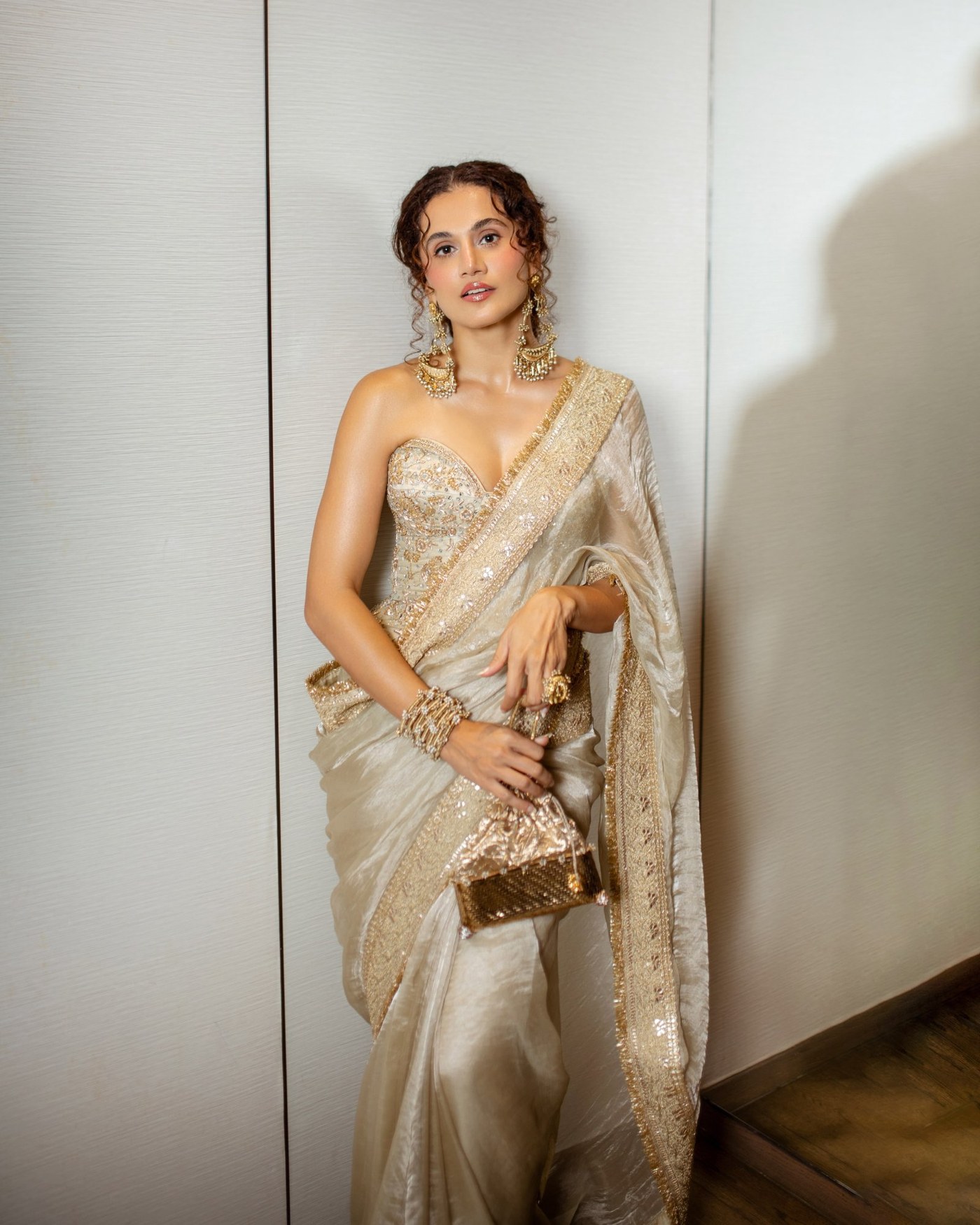 Ivory and Gold: Taapsee Pannu's Structured Sari Statement
