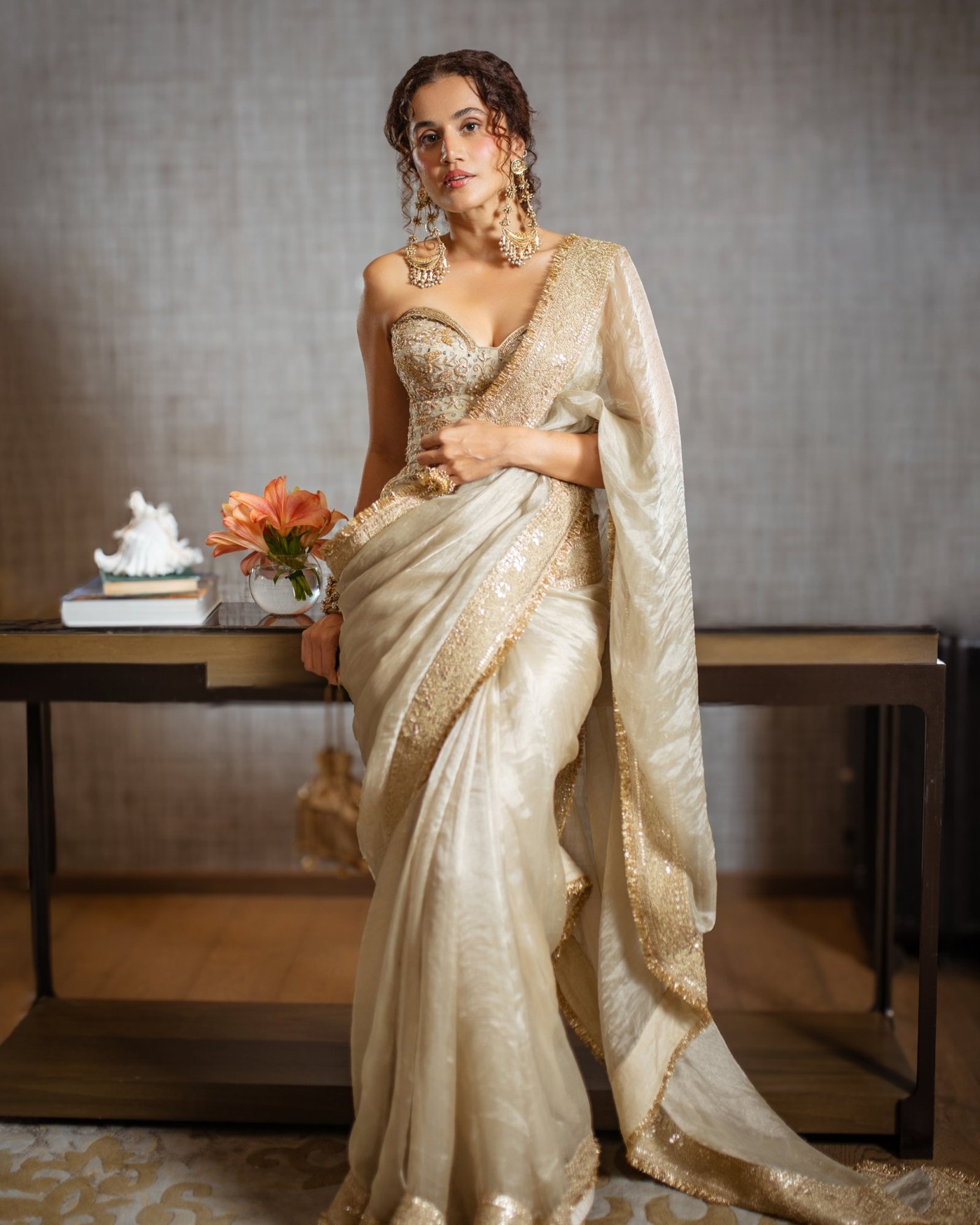 Ivory and Gold: Taapsee Pannu's Structured Sari Statement