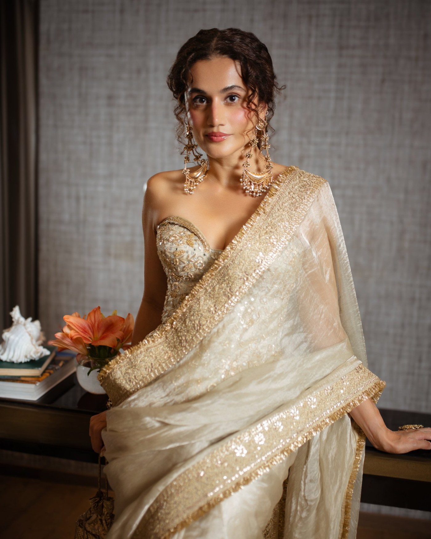 Ivory and Gold: Taapsee Pannu's Structured Sari Statement