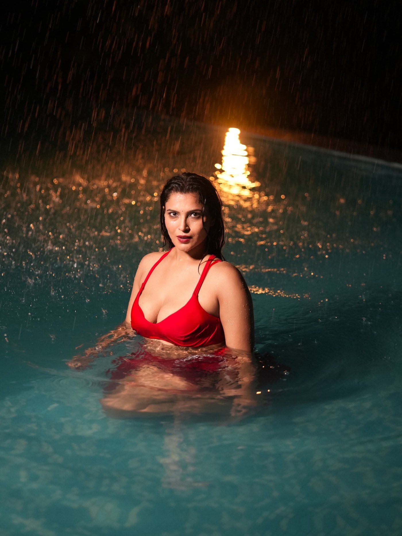 Crimson Cascade: Tanya Chaudhari's Rain-Soaked Two-Piece