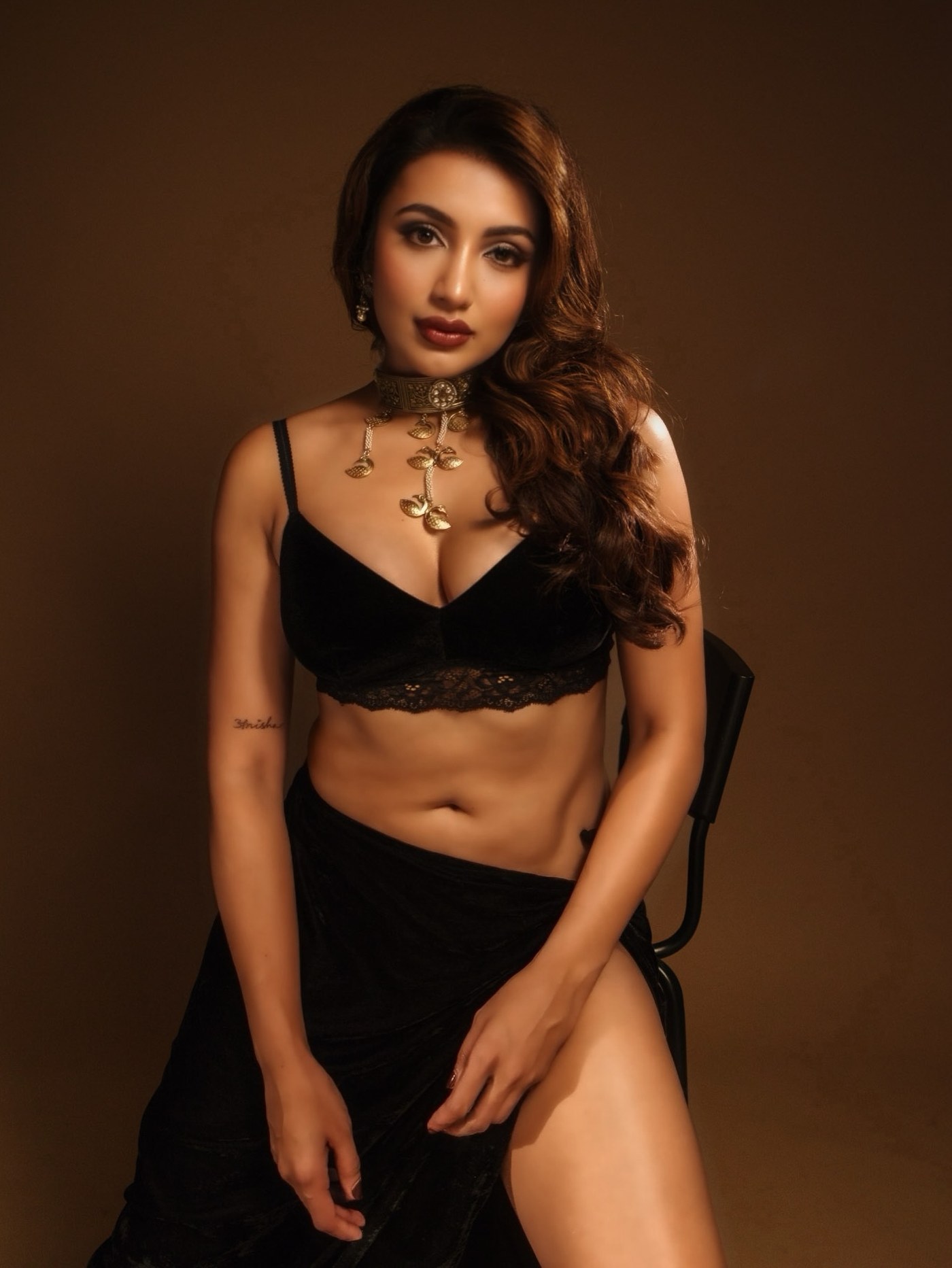Black-On-Black Glamour: Tejaswi Madivada’s Gold-Accented Silhouette