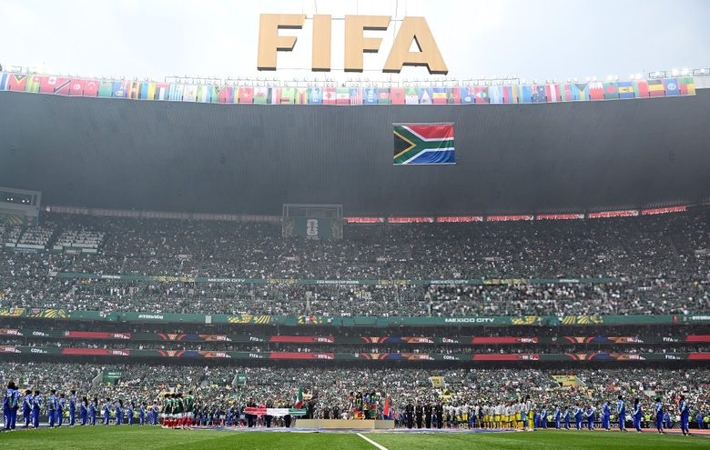 Tyla performing South African National Anthem at World Cup in Mexico, showcasing powerful stage presence.
